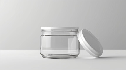 3D Render of an Empty Glass Jar with No Label Against a Clean White Background, Ideal for Mockups and Advertising, Eye-Level Perspective for Professional Presentation