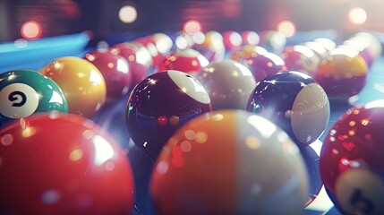 Wall Mural - Close-up of billiard balls on a table in a dimly lit room, the balls are reflecting the light from the overhead lights, with a blurred background.