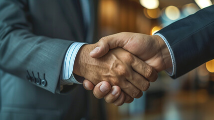 Wall Mural - Two business professionals sealing a deal with a firm handshake, symbolizing trust, partnership, and mutual agreement, set against a professional office background with soft focus on their hands