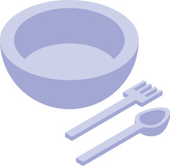 Wall Mural - Empty bowl with a spoon and fork lying beside, rendered isometrically