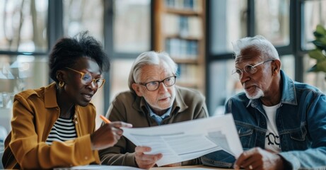 Wall Mural - Elderly people discussing documents at table during business meeting in a community center