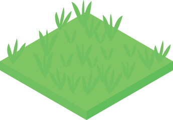 Poster - Green grass growing on square soil ground patch isometric view isolated on white background