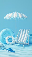 Canvas Print - Summer blue background. Beach chair, inflatable ring, sun umbrella, flip flop.pastel blue