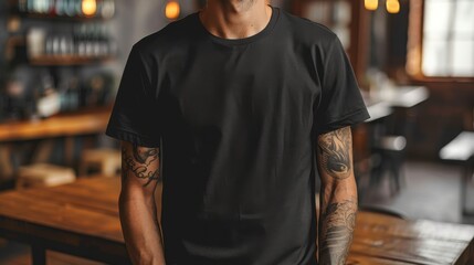 Cropped image of tattooed man in black t-shirt standing in cafe