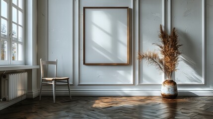 Minimalist interior design with white poster walls, wooden floor, white chair and plant in vase.