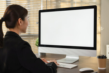 Aufkleber - Businesswoman using computer and hand type on the keyboard, Mockup screen of advertisement.