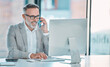 © Courtney/peopleimages.com - Computer, phone call and mature man in finance with discussion, contact and networking for business funding. Businessman, budget advisor or risk management consultant in office on smartphone chat