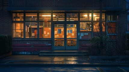 Sticker - An evening shot of a school building from the outside, with warm lights shining through classroom windows and a calm, peaceful ambiance.