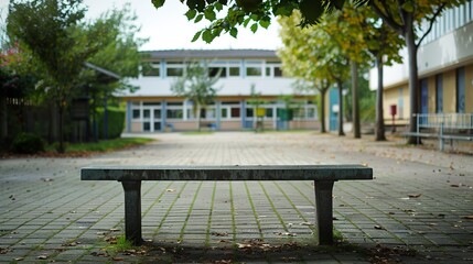 Canvas Print - Empty schoolyard with a bench, nobody. Background for school website, school grounds landscaping for events. 