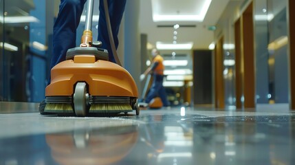 Canvas Print - Professional janitorial staff using an industrial floor buffer machine for cleaning and polishing the hallway of a modern corporate or commercial building