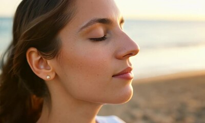 Wall Mural - Woman Relaxing on Beach at Sunset