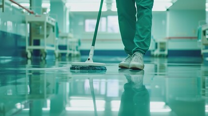 Poster - Lower body of a person in green scrubs and white shoes mopping a shiny hospital floor