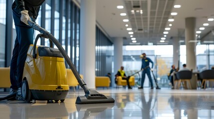 Poster - large office building cleaning service staff using vacuum cleaner on floor with people in background