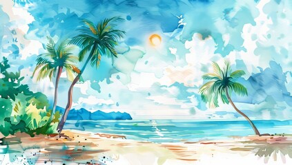 Wall Mural - Summer holiday travel illustration watercolor painting with palm tree on beach with ocean sea design for logos or t-shirts