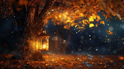 An autumn night scene with a lantern illuminating a tree adorned with yellow leaves, creating a warm and cozy atmosphere --ar 16:9 Job ID: 2b48fc90-42d3-4324-9606-eb5a902db67e