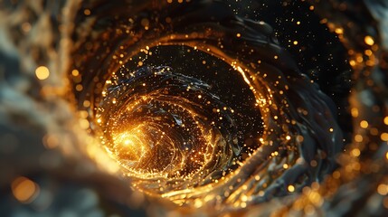 Poster - Golden Sparkling Spiral Light with Abstract Digital Vortex Movement Pattern for Dynamic Technology Energy Concept.