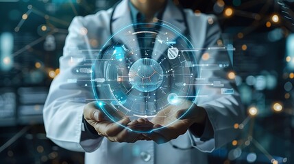 Poster - Doctor holding hologram digital medical data for technology display healthcare science innovation concept.