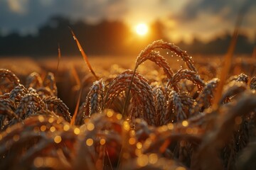 Golden Rice Stalks Ready for Harvest Glistening in Sunlight Close-Up View