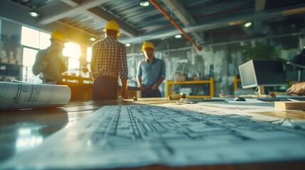 Poster - Brainstorming group of architects and engineers discuss building blueprint design paperwork and drawing construction project planning on wooden table in office Construction project bud : Generative AI