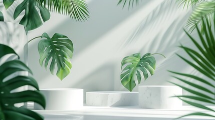 Fototapete - Creative concept of minimalism with leaf and plaster podium Blank space on white podiums for presentation product and green leaves on a white background Summer theme Scene for advertis : Generative AI