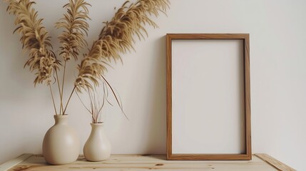 Aufkleber - Wooden frame mockup on white table modern beige ceramic vases with dry grass   White wall background Scandinavian interior Copy space : Generative AI