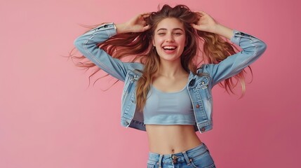Poster - Full length body size view of beautiful trendy cheerful girl demonstrating promo copy space isolated over pink pastel color background : Generative AI
