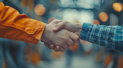 Aufkleber - Construction workers architects and engineers shake hands while working for teamwork and cooperation after completing an agreement in an office facility successful cooperation concept : Generative AI