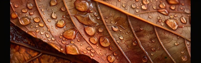 Poster - The image shows a macro shot of several water droplets resting on the surface of a brown leaf. The leaf is textured with visible veins, and the droplets have a slight orange hue, reflecting the colors