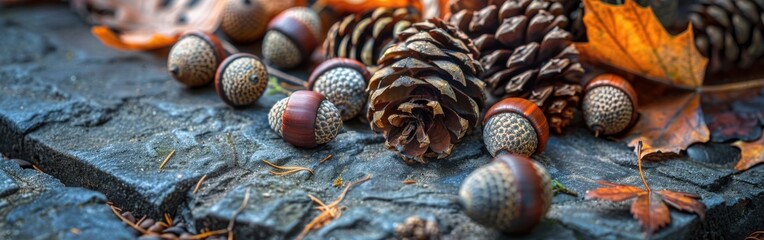 Poster - Acorns and pine cones are scattered on a forest floor covered in fallen leaves. The colors of autumn are beautifully displayed, with the brown and gold tones of the acorns and pine cones complementing