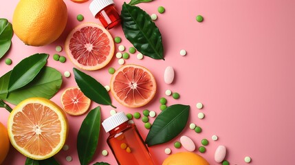 Poster - Citrus fruit and fresh leaves spreading out of pill bottle on pastel pink background Creative supplementary health food nutrition Boost immune system with vitamin tablets Flat lay copy : Generative AI