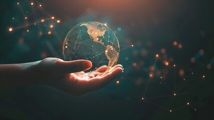 Poster - businessman holding Earth Global Network Connection concept Big data analysis world map points global.