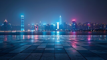 Canvas Print - Empty square floors and city skyline with buildings in Zhoushan at night Zhejiang China : Generative AI