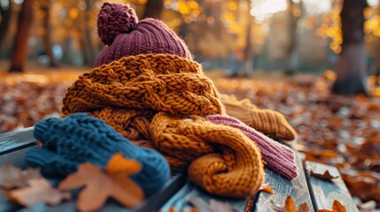 Poster - A close-up of a knit hat, scarf, and gloves resting on a wooden bench. The scarf is a vibrant orange and the hat is a deep purple with a pom-pom on top. The gloves are a dark blue and all of the items