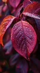 Poster - A single red leaf with a deep burgundy hue is covered in glistening droplets of dew. The leaf is part of a cluster of foliage, with other red leaves visible in the background. The image captures the i