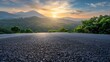 © Generative AI - Asphalt road square and green mountain with sky clouds natural landscape at sunrise : Generative AI
