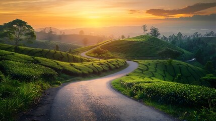 Poster - Country road and green tea plantation natural landscape at sunset : Generative AI