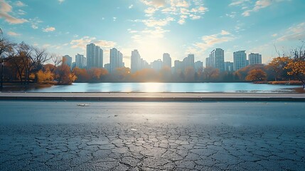 Aufkleber - Asphalt road platform and lake with city skyline background : Generative AI