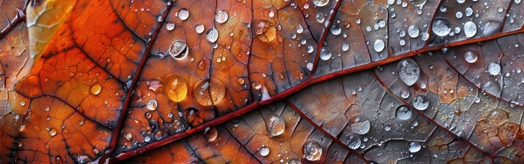 Poster - A close-up image of a leaf, likely a maple leaf, covered in dewdrops. The leaf is vibrant with autumn colors of orange, red, and brown, and the veins are visible. The dewdrops are clear and reflect th