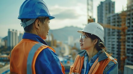 Poster - Engineer and female foreman worker team checking project at precast factory site Engineer and builders in hardhats discussing on construction site : Generative AI