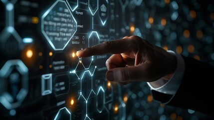 Fototapete - Businessman touching and pressing hexagon honey screen display hologram button interface by finger on dark black background Internet and Virtual Reality concept Business and technology : Generative AI