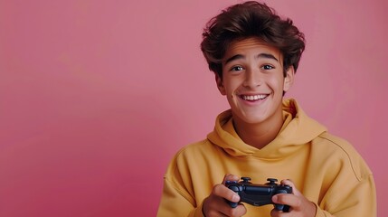 Wall Mural - Hispanic teenager playing video game holding controller pointing aside with hands open palms showing copy space presenting advertisement smiling excited happy : Generative AI