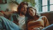 © Generative AI - Couple online and moving with phone in home to research property app and reading mortgage info Happy people and relax on website for interior design ideas furniture or watch diy renova : Generative AI