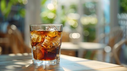 Aufkleber - Iced coffee with ice cubes in a glass on the table : Generative AI