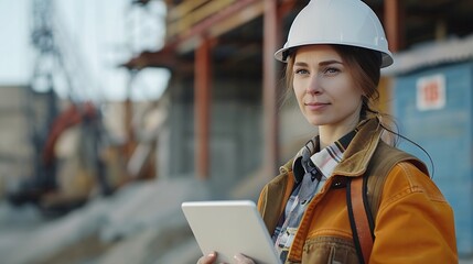 Poster - Female engineer with digital tablet at construction site Factory foreman worker in hardhat at the precast factory site : Generative AI
