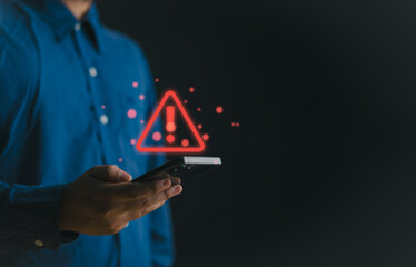 Aufkleber - Businessman or User holding smartphone with triangle caution warning sign red for notification error and maintenance concept. Warning sign exclamation.
