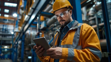 Happy engineer with tablet collecting production data analysing efficiency Hardworking handsome manufacture supervisor checking factory safety using digital device Modern manufacturing : Generative AI