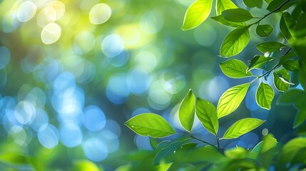 Poster - Summer background of blue and green blurred foilage and sky with bright bokeh Blurry abstract summer background Natural green leaves using as cover page greenery environment ecology ba : Generative AI