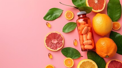 Poster - Citrus fruit and fresh leaves spreading out of pill bottle on pastel pink background Creative supplementary health food nutrition Boost immune system with vitamin tablets Flat lay copy : Generative AI