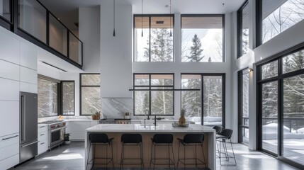 Sticker - Bright modern kitchen with high ceilings, large windows, and a clean, minimalist design.