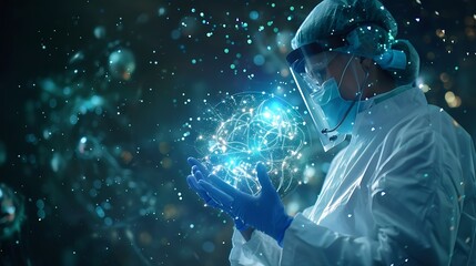 Aufkleber - Health care and medical AI technology services conceptMedical worker hold virtual medical revolution and advance of technology Artificial Intelligence and technology for future Health : Generative AI